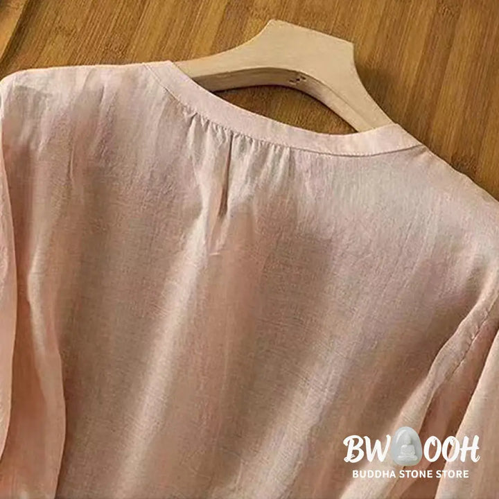 Buddha Stones Casual Loose Embroidery Frog Button Half Sleeve Crew Neck Cotton Women’s Shirt - Women’s Shirts