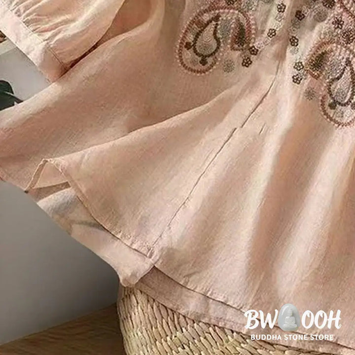 Buddha Stones Casual Loose Embroidery Frog Button Half Sleeve Crew Neck Cotton Women’s Shirt - Women’s Shirts