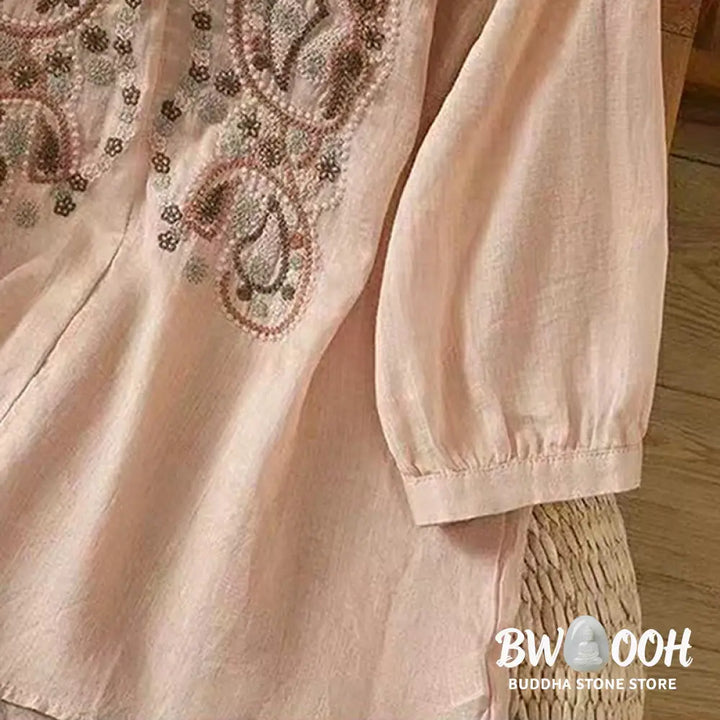 Buddha Stones Casual Loose Embroidery Frog Button Half Sleeve Crew Neck Cotton Women’s Shirt - Women’s Shirts