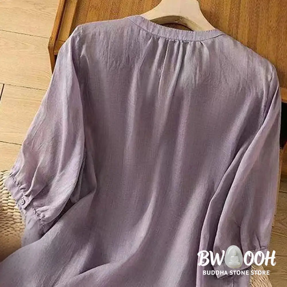 Buddha Stones Casual Loose Embroidery Frog Button Half Sleeve Crew Neck Cotton Women’s Shirt - Women’s Shirts