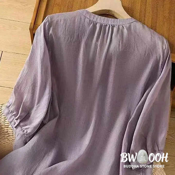 Buddha Stones Casual Loose Embroidery Frog Button Half Sleeve Crew Neck Cotton Women’s Shirt - Women’s Shirts