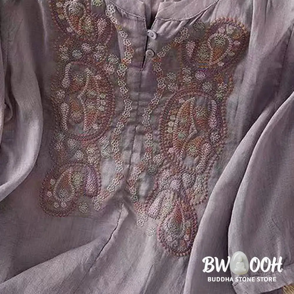 Buddha Stones Casual Loose Embroidery Frog Button Half Sleeve Crew Neck Cotton Women’s Shirt - Women’s Shirts