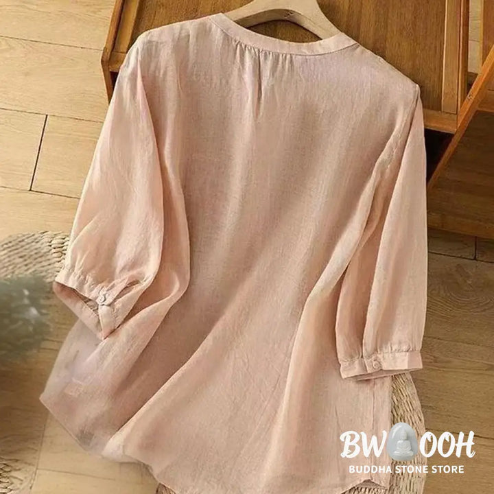 Buddha Stones Casual Loose Embroidery Frog Button Half Sleeve Crew Neck Cotton Women’s Shirt - Women’s Shirts
