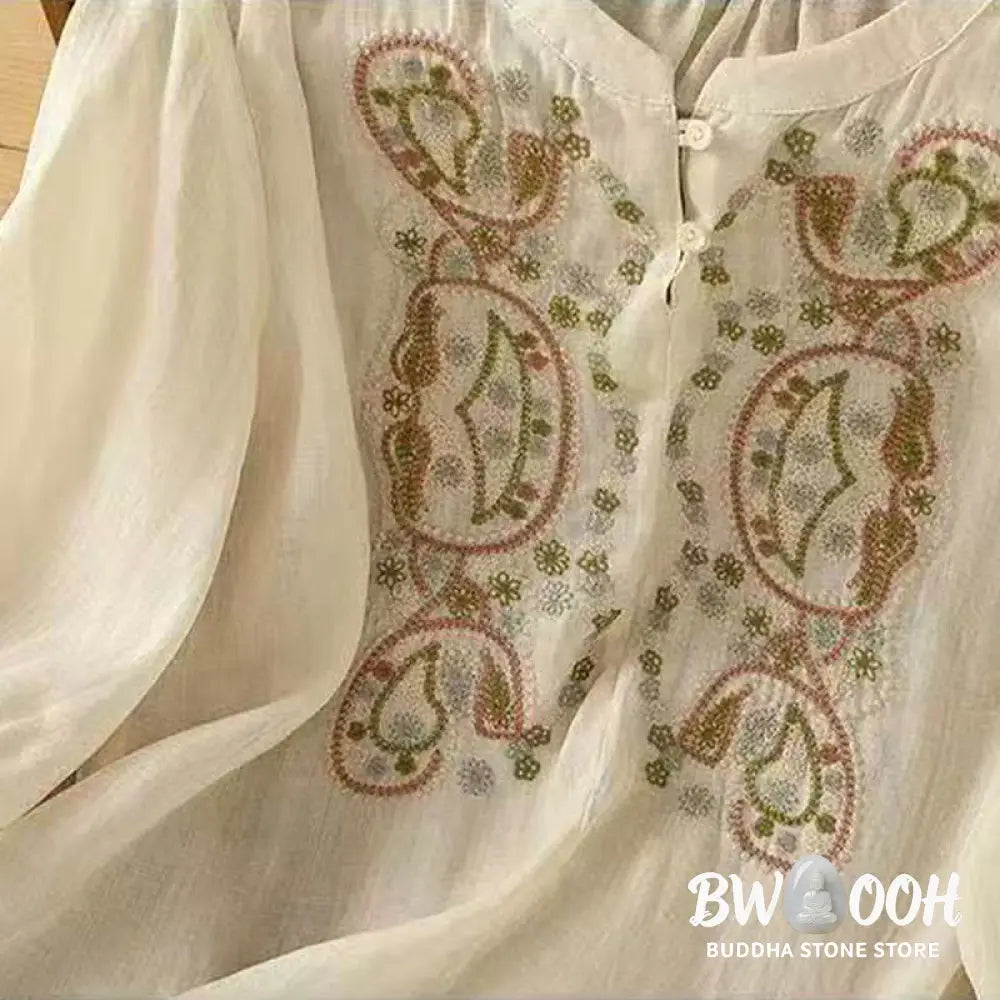 Buddha Stones Casual Loose Embroidery Frog Button Half Sleeve Crew Neck Cotton Women’s Shirt - Women’s Shirts