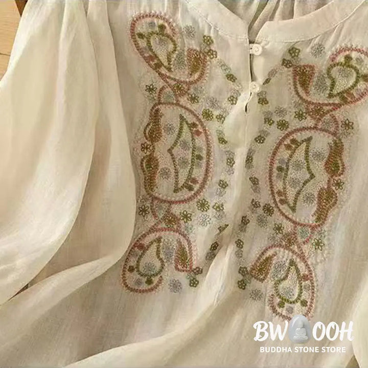 Buddha Stones Casual Loose Embroidery Frog Button Half Sleeve Crew Neck Cotton Women’s Shirt - Women’s Shirts