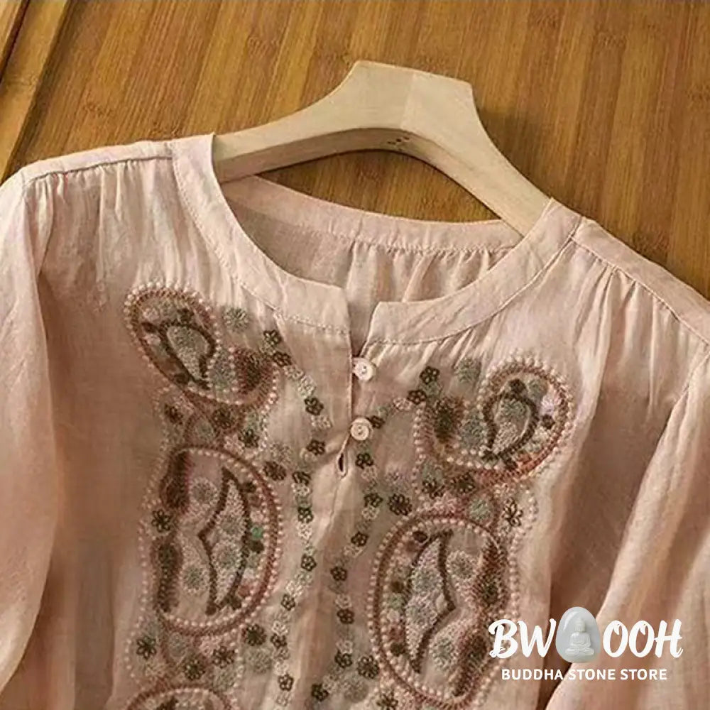 Buddha Stones Casual Loose Embroidery Frog Button Half Sleeve Crew Neck Cotton Women’s Shirt - Women’s Shirts