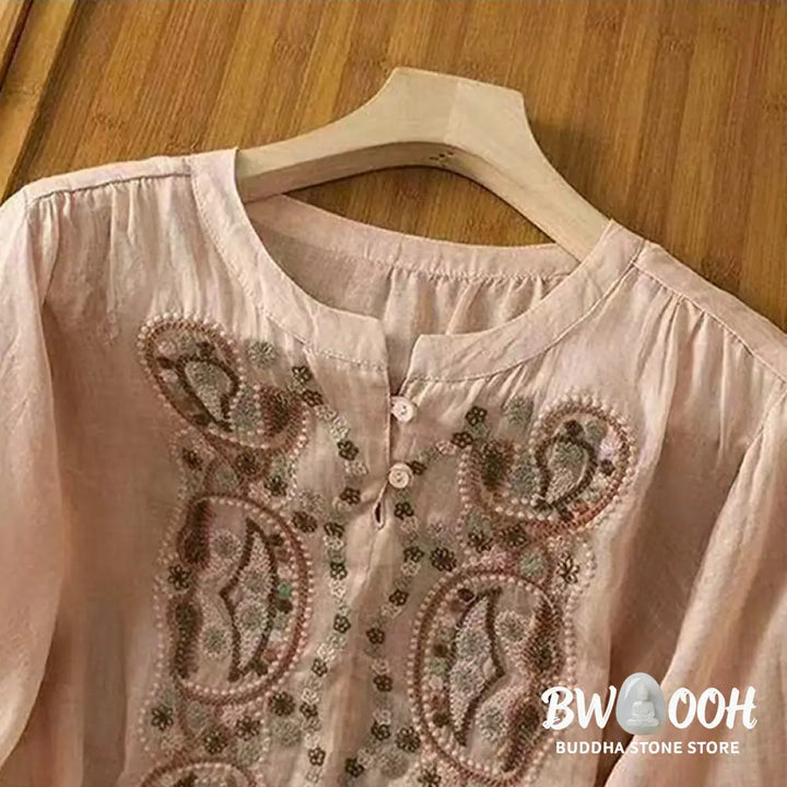 Buddha Stones Casual Loose Embroidery Frog Button Half Sleeve Crew Neck Cotton Women’s Shirt - Women’s Shirts