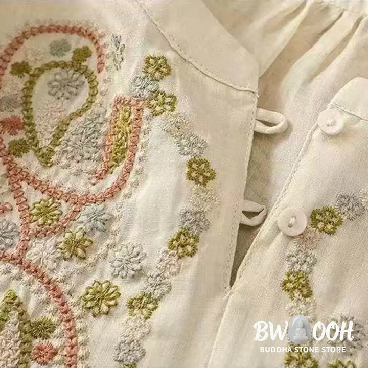 Buddha Stones Casual Loose Embroidery Frog Button Half Sleeve Crew Neck Cotton Women’s Shirt - Women’s Shirts