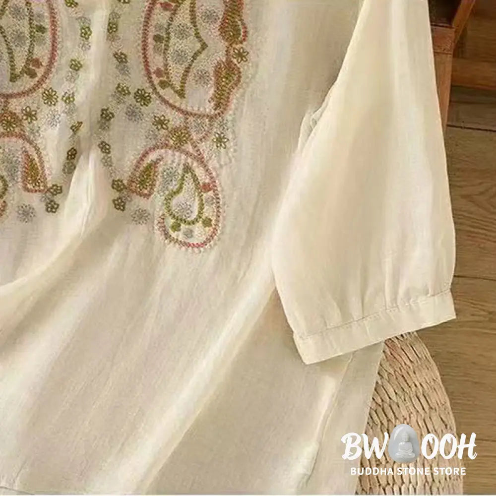 Buddha Stones Casual Loose Embroidery Frog Button Half Sleeve Crew Neck Cotton Women’s Shirt - Women’s Shirts