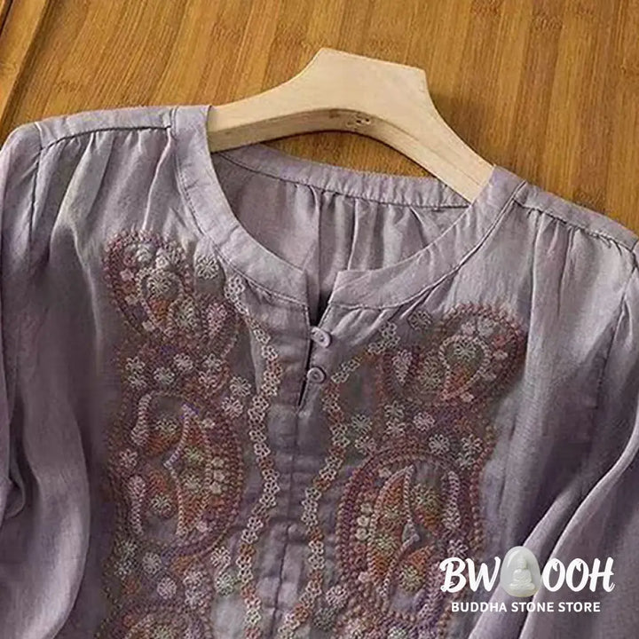 Buddha Stones Casual Loose Embroidery Frog Button Half Sleeve Crew Neck Cotton Women’s Shirt - Women’s Shirts