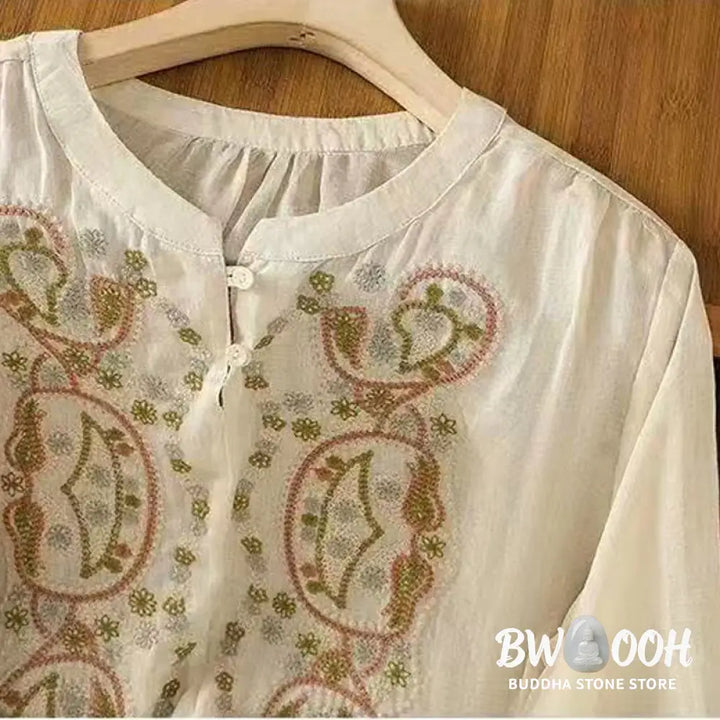 Buddha Stones Casual Loose Embroidery Frog Button Half Sleeve Crew Neck Cotton Women’s Shirt - Women’s Shirts