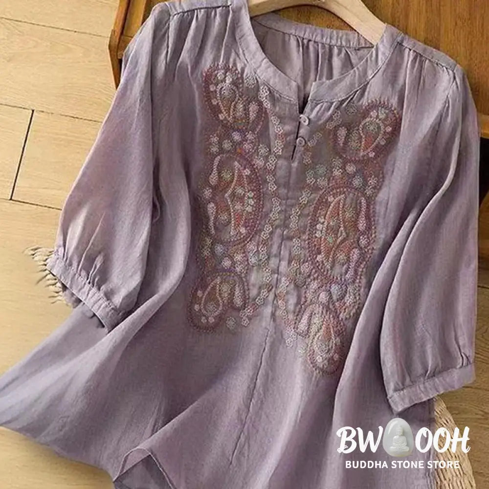 Buddha Stones Casual Loose Embroidery Frog Button Half Sleeve Crew Neck Cotton Women’s Shirt - Women’s Shirts