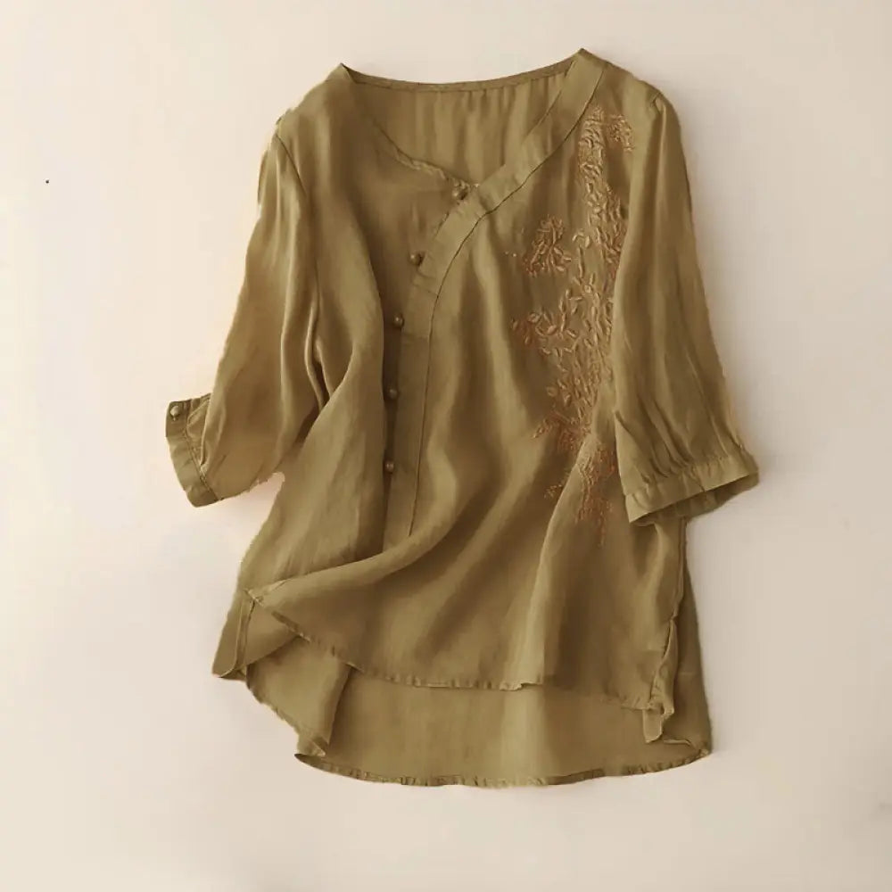 Buddha Stones Casual Loose Flower Embroidery Frog Button Short Sleeve Women’s Shirt - DarkGoldenrod / US4，UK/AU8，EU36