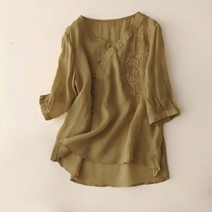 Buddha Stones Casual Loose Flower Embroidery Frog Button Short Sleeve Women’s Shirt - DarkGoldenrod / US4，UK/AU8，EU36
