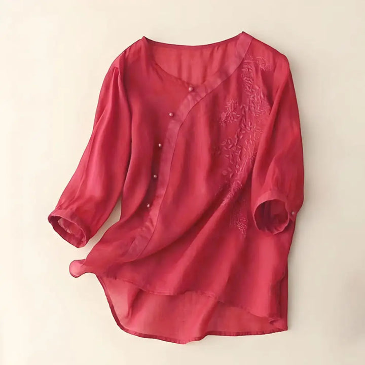 Buddha Stones Casual Loose Flower Embroidery Frog Button Short Sleeve Women’s Shirt - FireBrick / US4，UK/AU8，EU36 (L)