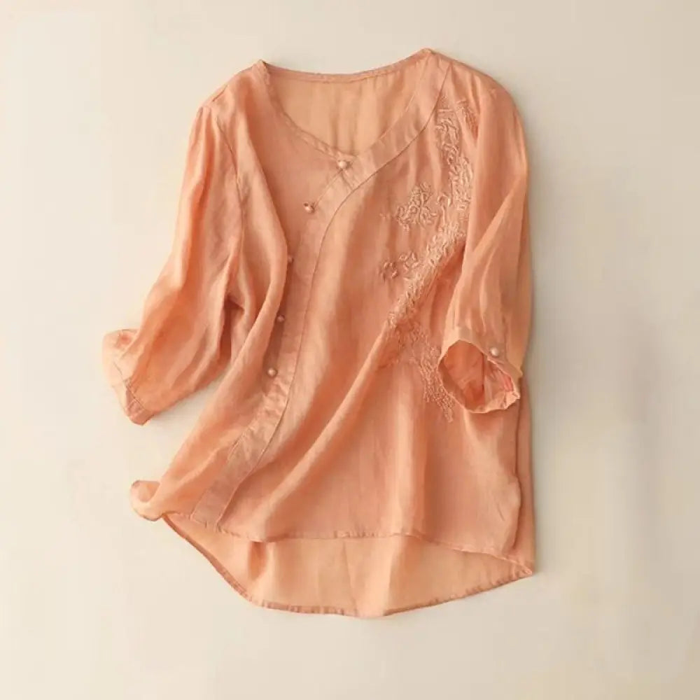 Buddha Stones Casual Loose Flower Embroidery Frog Button Short Sleeve Women’s Shirt - LightSalmon / US4，UK/AU8，EU36 (L)