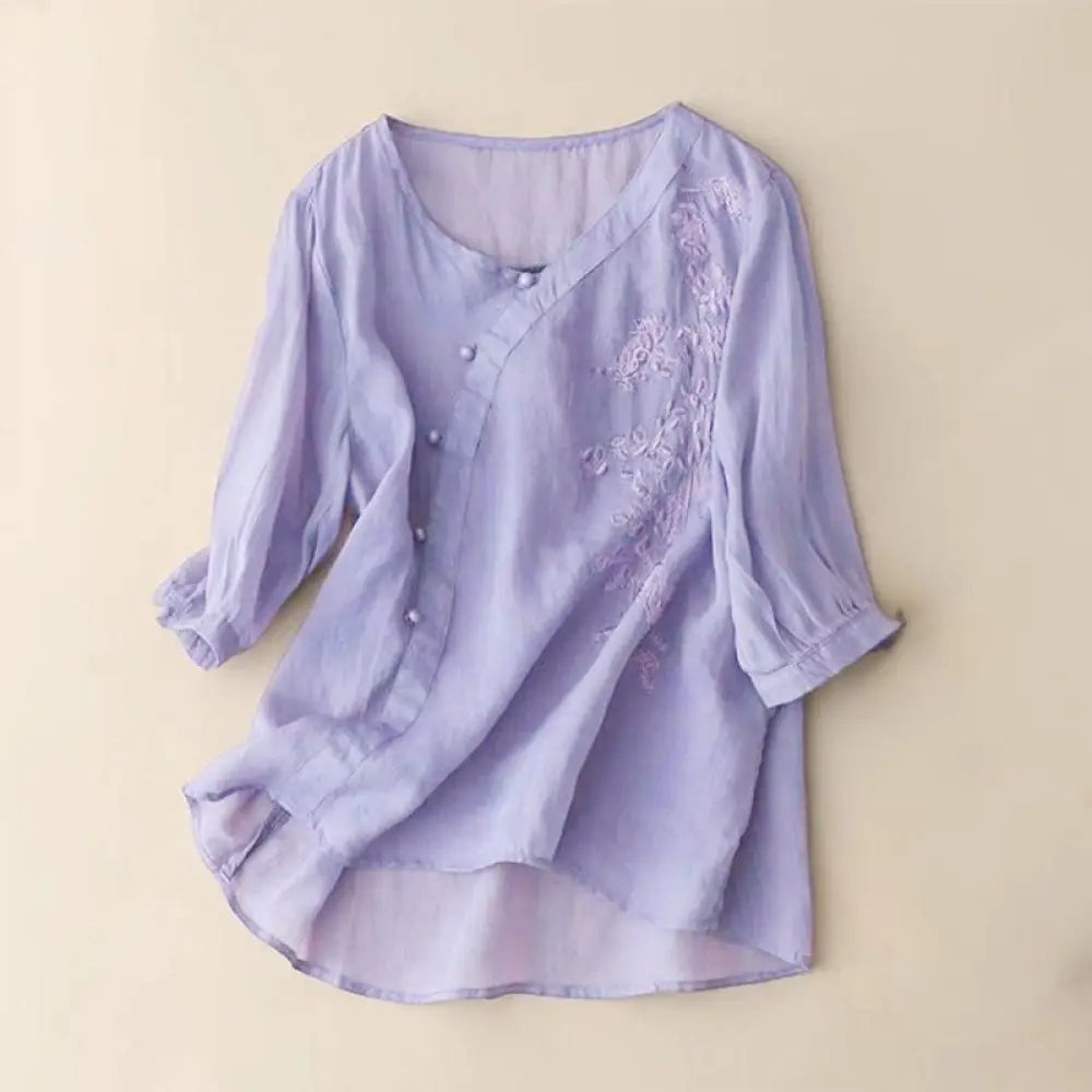 Buddha Stones Casual Loose Flower Embroidery Frog Button Short Sleeve Women’s Shirt - MediumPurple / US4，UK/AU8，EU36