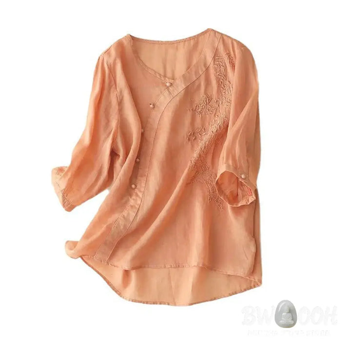Buddha Stones Casual Loose Flower Embroidery Frog Button Short Sleeve Women’s Shirt - Women’s Shirts