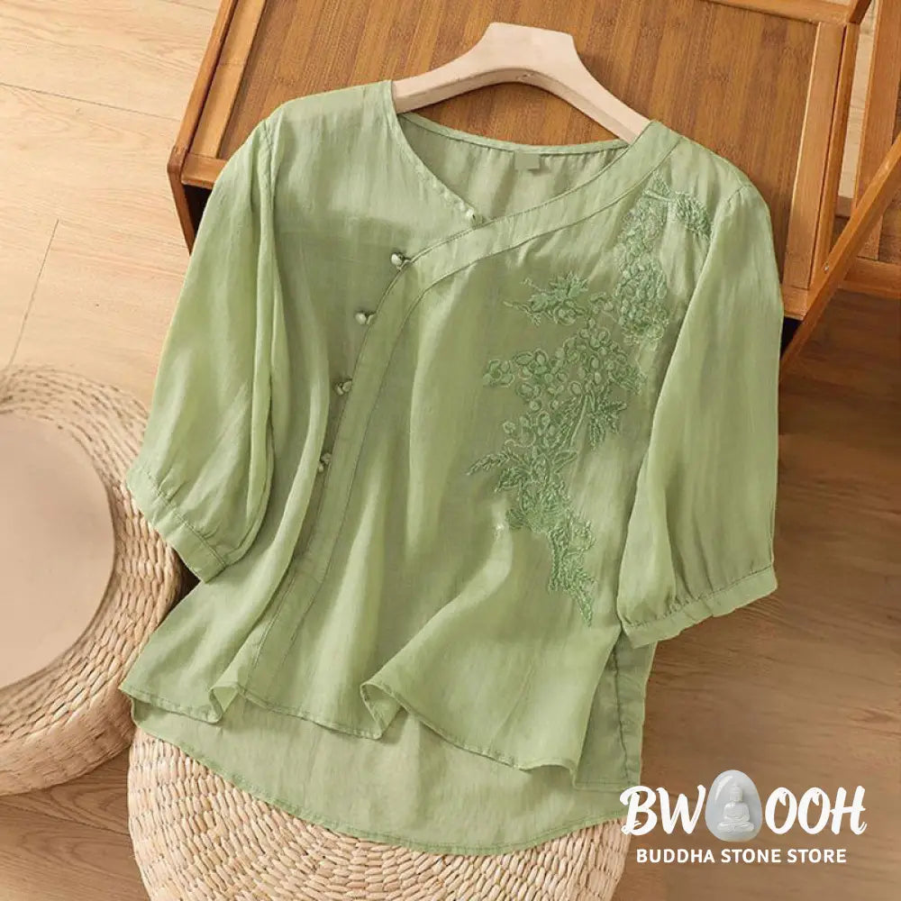 Buddha Stones Casual Loose Flower Embroidery Frog Button Short Sleeve Women’s Shirt - Women’s Shirts