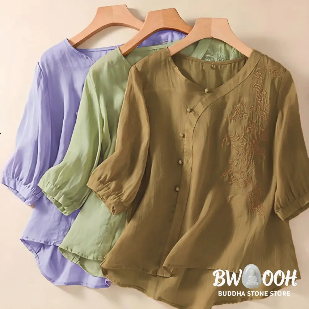 Buddha Stones Casual Loose Flower Embroidery Frog Button Short Sleeve Women’s Shirt - Women’s Shirts
