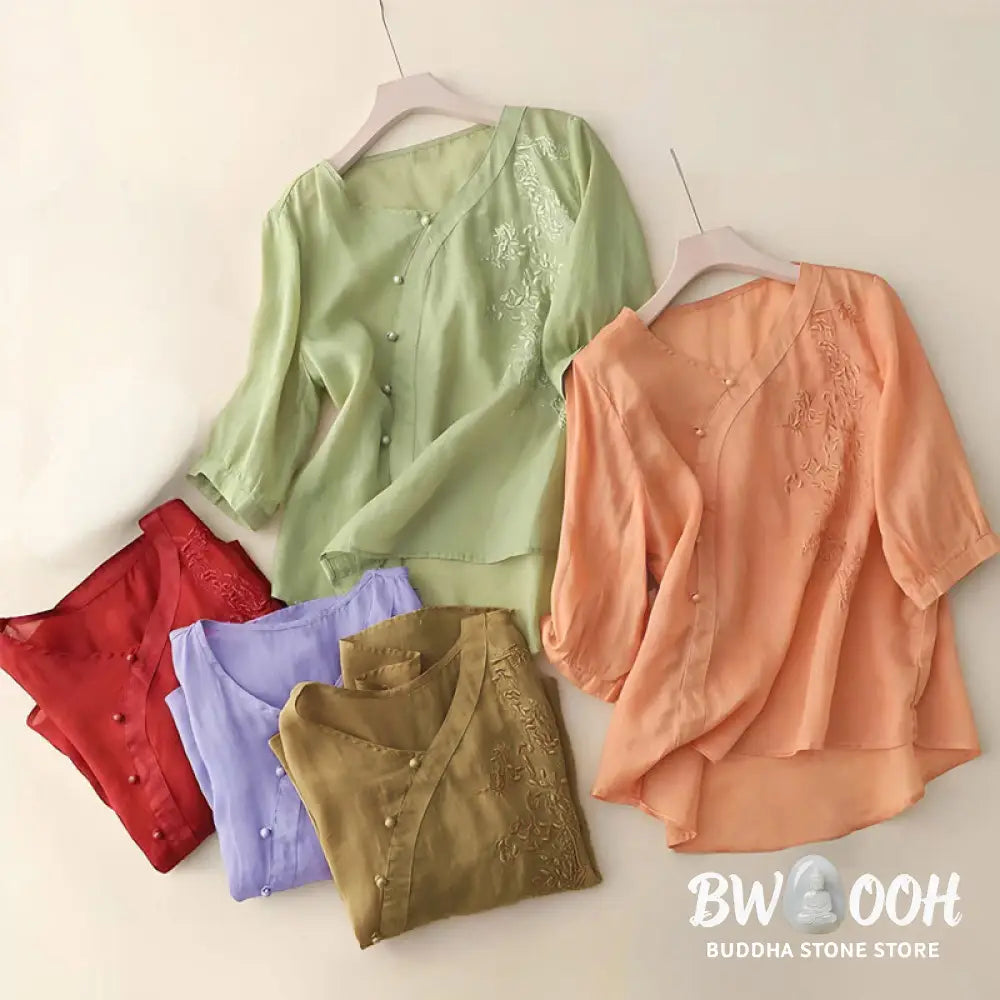 Buddha Stones Casual Loose Flower Embroidery Frog Button Short Sleeve Women’s Shirt - Women’s Shirts