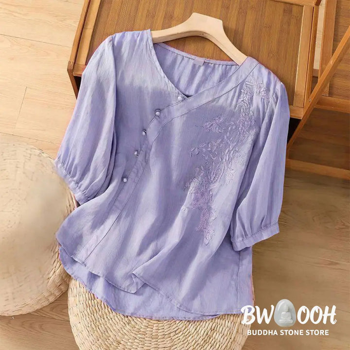 Buddha Stones Casual Loose Flower Embroidery Frog Button Short Sleeve Women’s Shirt - Women’s Shirts