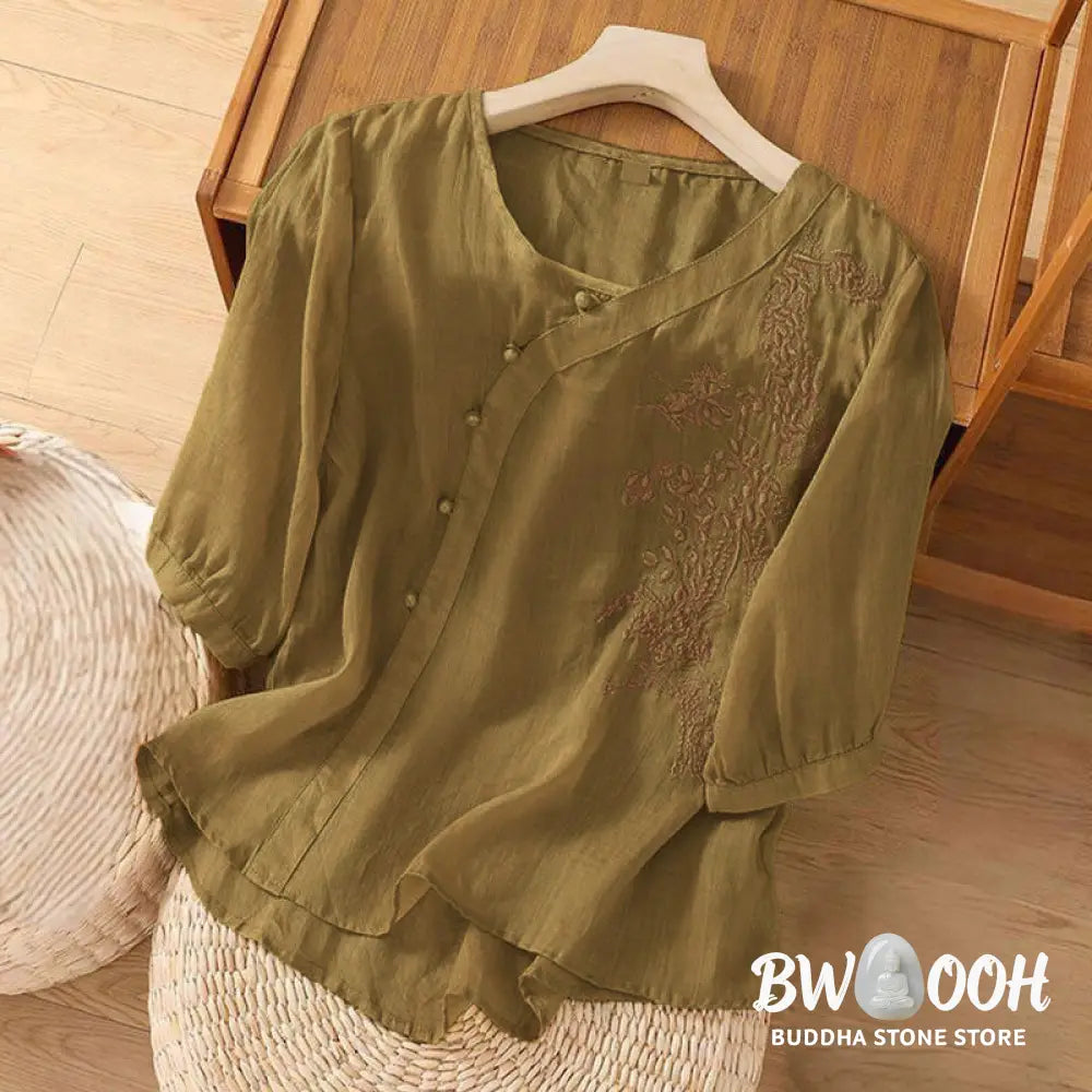 Buddha Stones Casual Loose Flower Embroidery Frog Button Short Sleeve Women’s Shirt - Women’s Shirts