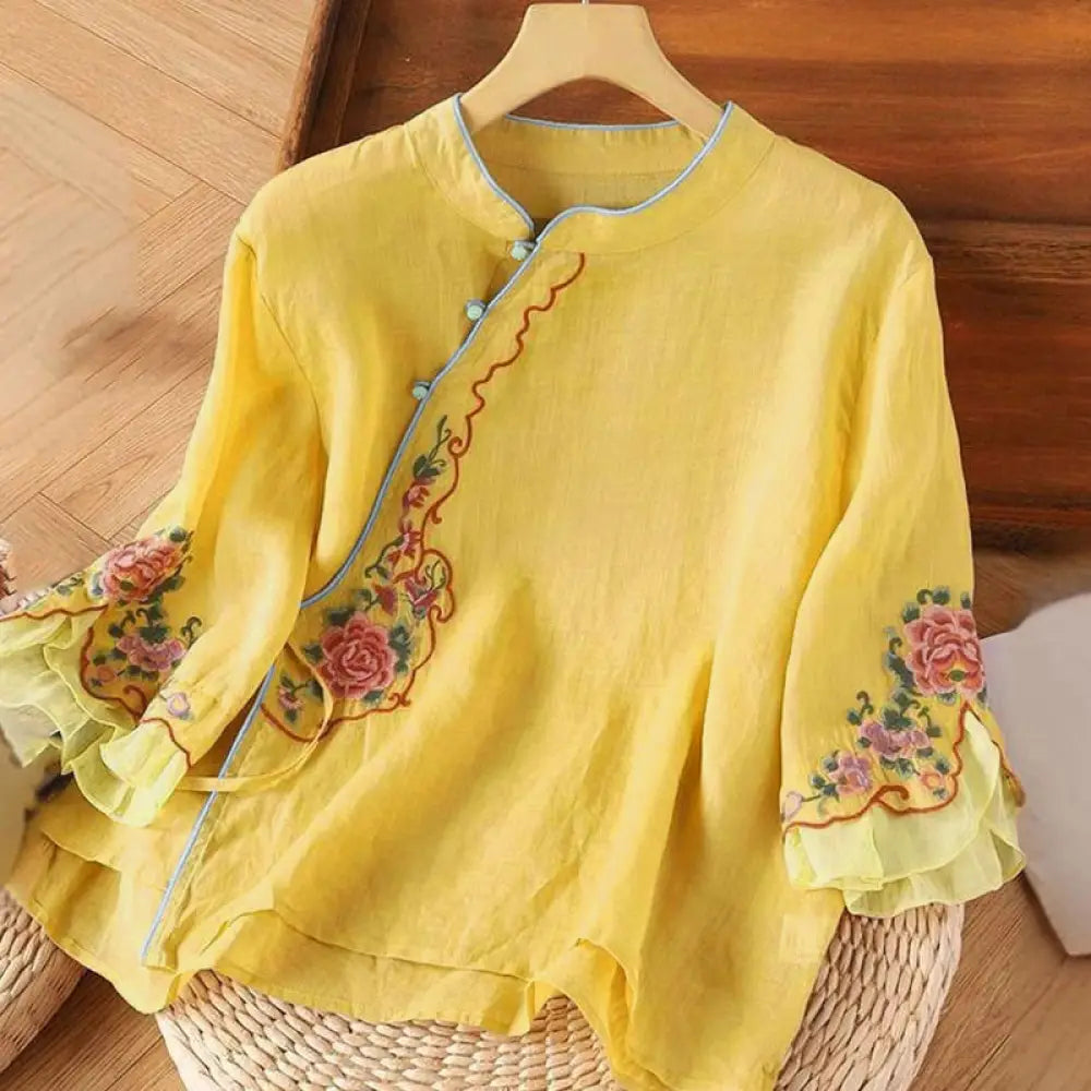 BWOOOH Casual Loose Peony Embroidery Frog Button Three Qu