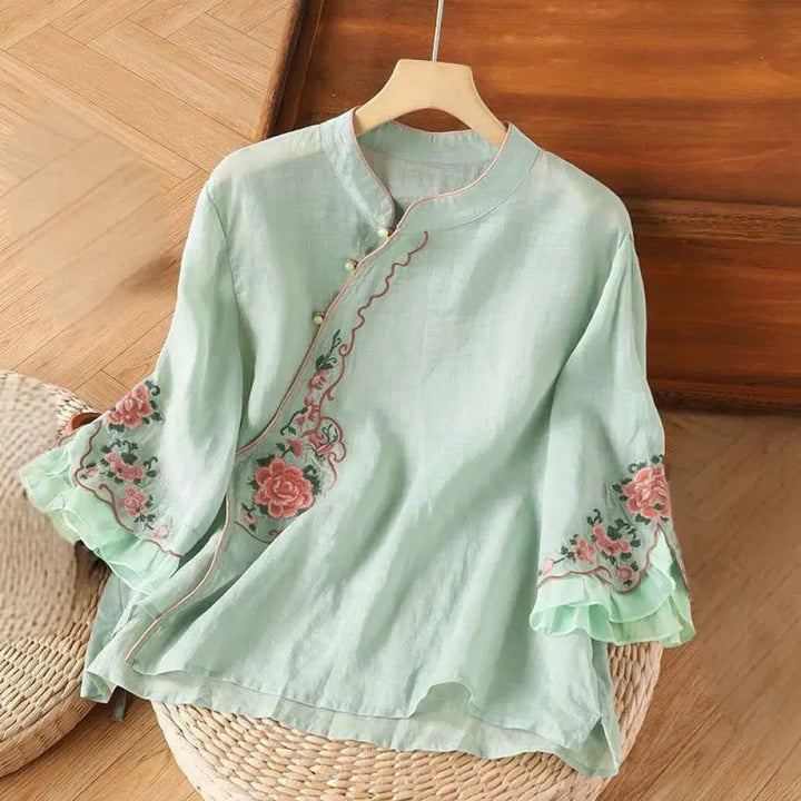 Buddha Stones Casual Loose Peony Embroidery Frog Button Three Quarter Sleeve Women&