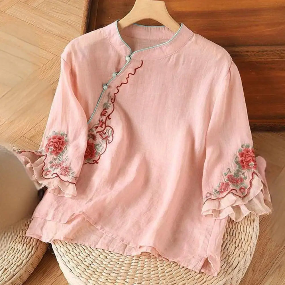 Buddha Stones Casual Loose Peony Embroidery Frog Button Three Quarter Sleeve Women's Shirt - Pink / US2，UK/AU6，EU34 (L)