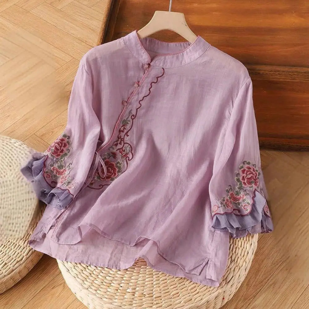 Buddha Stones Casual Loose Peony Embroidery Frog Button Three Quarter Sleeve Women&