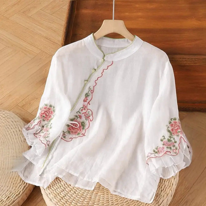 Buddha Stones Casual Loose Peony Embroidery Frog Button Three Quarter Sleeve Women&