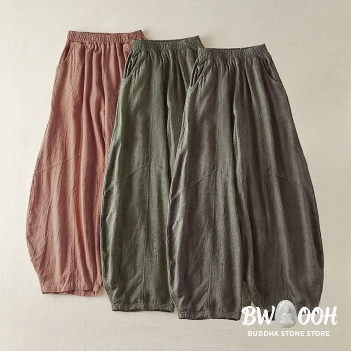 Buddha Stones Casual Loose Straight Leg 7-8 Length Cropped Pants Women’s Cotton Harem Pants With Pockets - Women’s