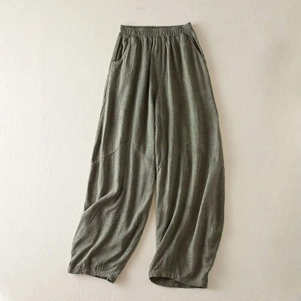 Buddha Stones Casual Loose Straight Leg 7-8 Length Cropped Pants Women’s Cotton Harem Pants With Pockets - DarkSeaGreen