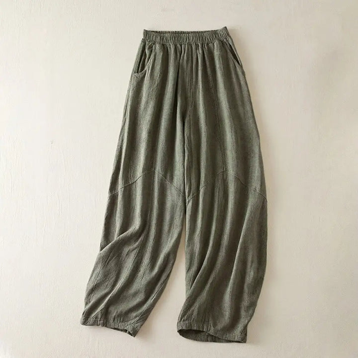 Buddha Stones Casual Loose Straight Leg 7-8 Length Cropped Pants Women’s Cotton Harem Pants With Pockets - DarkSeaGreen