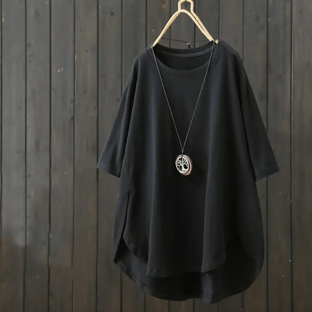 Buddha Stones Casual Loose Summer Plain Crew Neck Women’s Cotton Short Sleeve T-shirt - Black / US6，UK/AU10，EU38 (M)