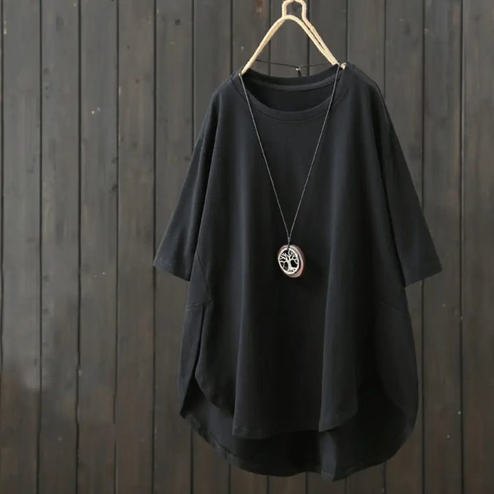Buddha Stones Casual Loose Summer Plain Crew Neck Women’s Cotton Short Sleeve T-shirt - Black / US6，UK/AU10，EU38 (M)