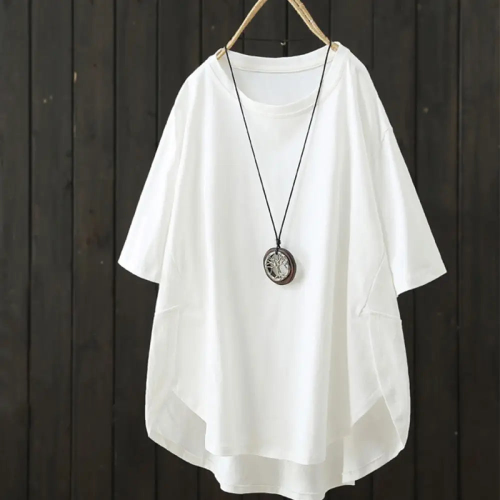 Buddha Stones Casual Loose Summer Plain Crew Neck Women’s Cotton Short Sleeve T-shirt - White / US6，UK/AU10，EU38 (M)