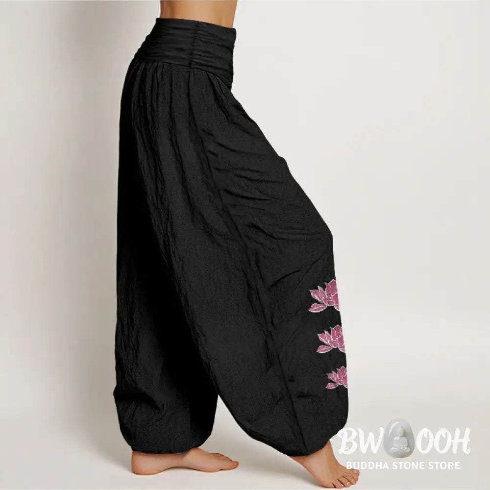 Buddha Stones Casual Lotus Pattern Pure Cotton Women’s Elastic Waist Harem Pants - Women’s Harem Pants