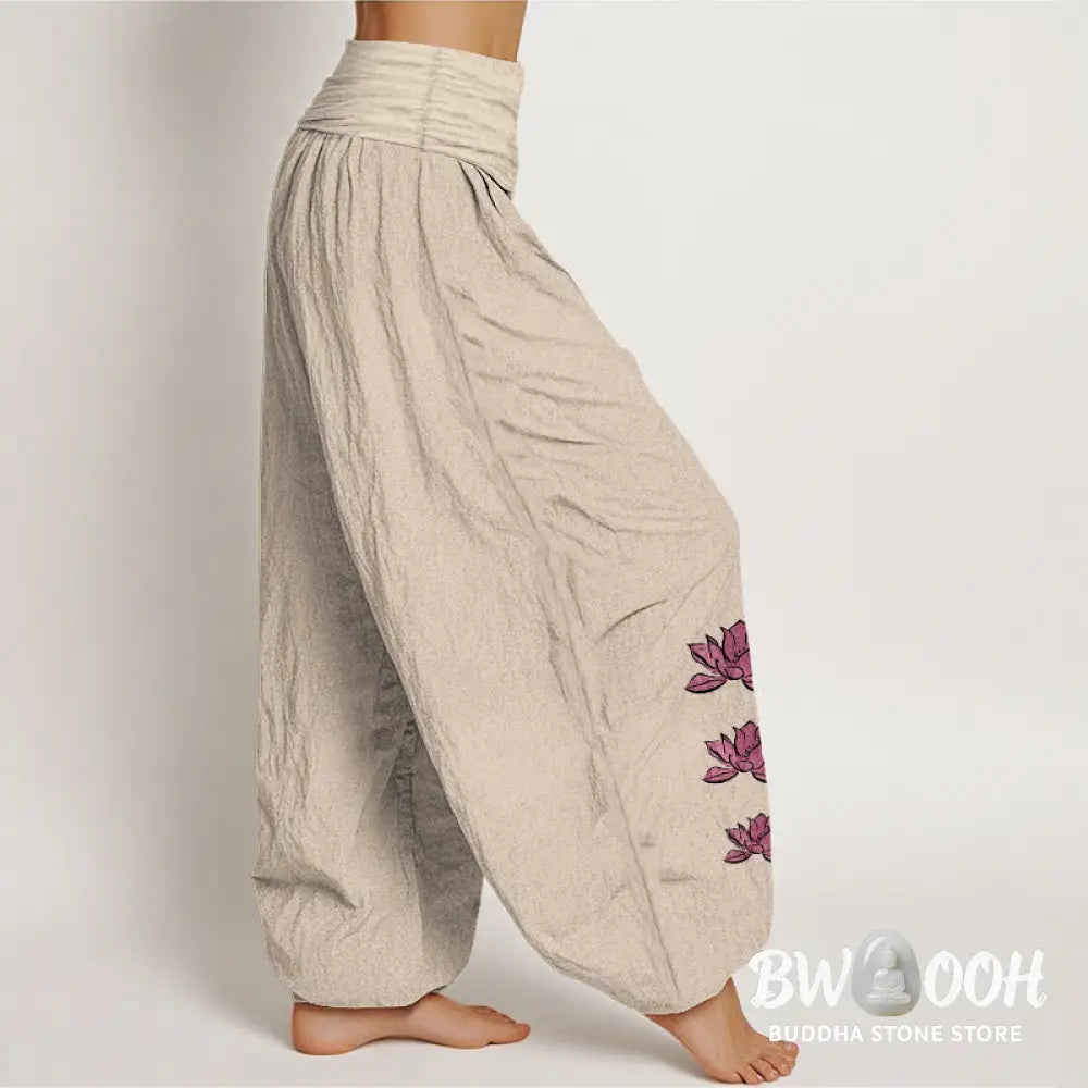 Buddha Stones Casual Lotus Pattern Pure Cotton Women’s Elastic Waist Harem Pants - Women’s Harem Pants