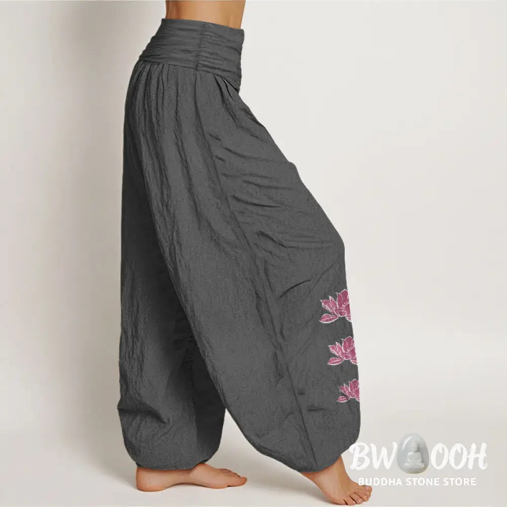 Buddha Stones Casual Lotus Pattern Pure Cotton Women’s Elastic Waist Harem Pants - Women’s Harem Pants