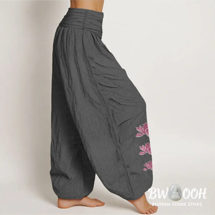 Buddha Stones Casual Lotus Pattern Pure Cotton Women’s Elastic Waist Harem Pants - Women’s Harem Pants
