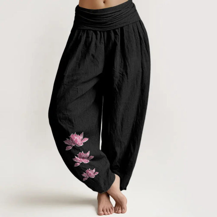 Buddha Stones Casual Lotus Pattern Pure Cotton Women’s Elastic Waist Harem Pants - Black / US2，UK/AU6，EU34 (XS)