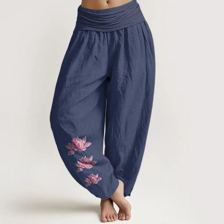 Buddha Stones Casual Lotus Pattern Pure Cotton Women’s Elastic Waist Harem Pants - DarkSlateBlue / US2，UK/AU6，EU34 (XS)