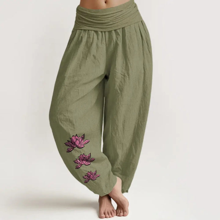 Buddha Stones Casual Lotus Pattern Pure Cotton Women’s Elastic Waist Harem Pants - OliveDrab / US2，UK/AU6，EU34 (XS)