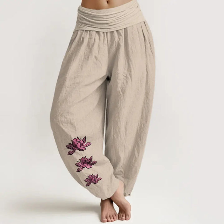 Buddha Stones Casual Lotus Pattern Pure Cotton Women’s Elastic Waist Harem Pants - Tan / US2，UK/AU6，EU34 (XS) - Women’s