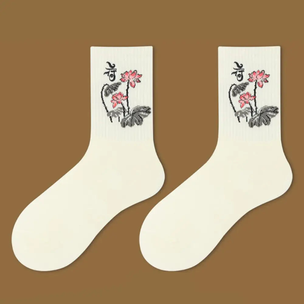 Buddha Stones Casual Lotus Pavilion Deer Peaceful Character Swallows Micro Crew Women’s Socks - Lotus / S-M (US