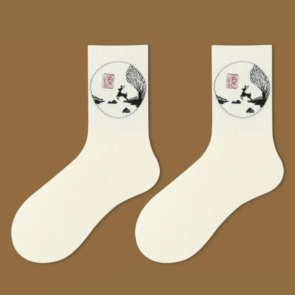 Buddha Stones Casual Lotus Pavilion Deer Peaceful Character Swallows Micro Crew Women’s Socks - Deer / S-M (US