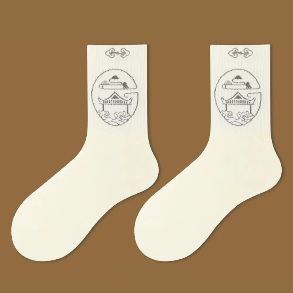 Buddha Stones Casual Lotus Pavilion Deer Peaceful Character Swallows Micro Crew Women’s Socks - Pavilion / S-M (US