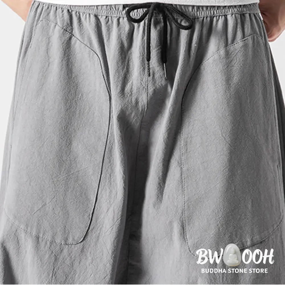 Buddha Stones Casual Low Crotch Design Drawstring Men’s 7-8 Length Cotton Linen Wide Leg Pants With Pockets - Men’s